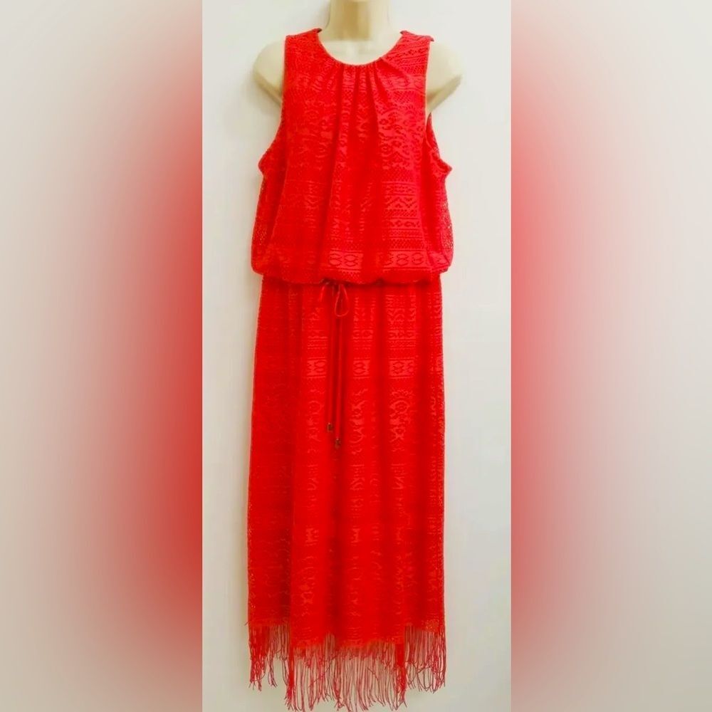London Times Dress Women Size 12 Red Sleeveless Round Neck Midi Crochet Style